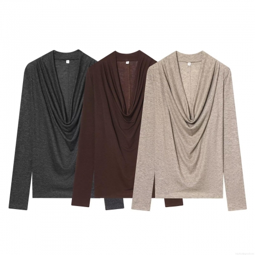 Women's Draped Cowl Neck Long Sleeve T-Shirt Elegant Slim Fit Pullover Knit Solid Color Streetwear Autumn Top Casual Draped Front Tee