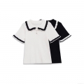Women's Knit Polo Shirt Contrast Color Wavy Edge Short Sleeve T-Shirt Lapel Ribbed Slim Fit Knit Top with Buttons for Streetwear Casual Spring Summer