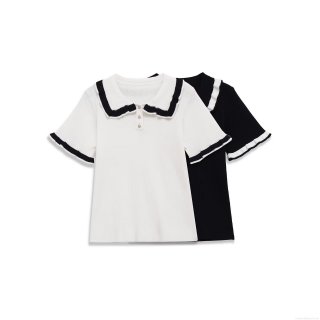 Women's Knit Polo Shirt Contrast Color Wavy Edge Short Sleeve T-Shirt Lapel Ribbed Slim Fit Knit Top with Buttons for Streetwear Casual Spring Summer