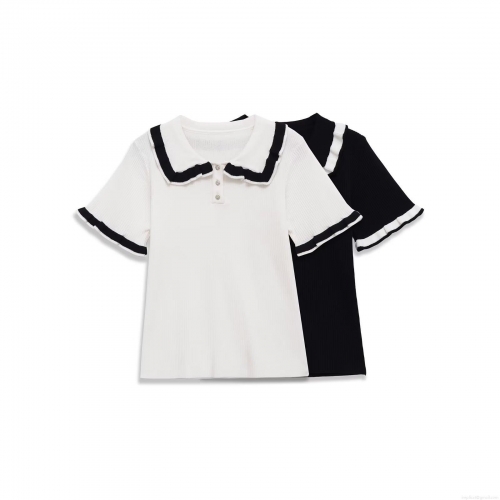Women's Knit Polo Shirt Contrast Color Wavy Edge Short Sleeve T-Shirt Lapel Ribbed Slim Fit Knit Top with Buttons for Streetwear Casual Spring Summer