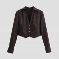Women's Retro Striped Long Sleeve Crop Blouse Fashion Lapel Single Breasted Coffee Shirt Autumn Streetwear Top