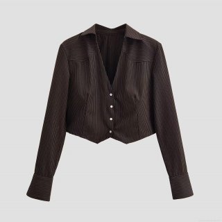 Women's Retro Striped Long Sleeve Crop Blouse Fashion Lapel Single Breasted Coffee Shirt Autumn Streetwear Top