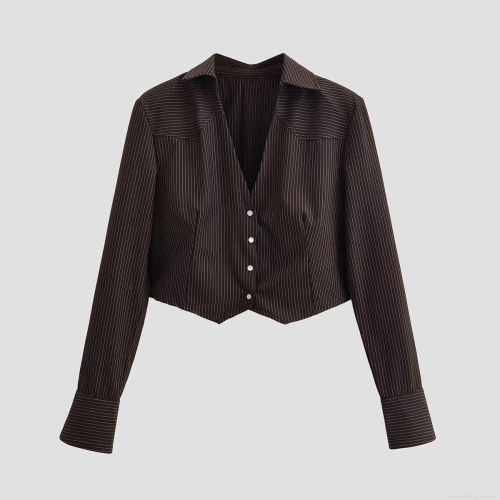 Women's Retro Striped Long Sleeve Crop Blouse Fashion Lapel Single Breasted Coffee Shirt Autumn Streetwear Top