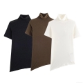 Women's Fashion High Neck Short Sleeve T-Shirt Asymmetric Hem Knitted Cotton Blend Casual Streetwear Slim Fit Top for Summer Daily Wear