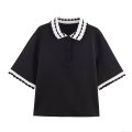 Women's Fashion Contrast Color Wave Trim Polo Shirt Short Sleeve Polyester Button Front Casual Tee Top For Summer Daily Streetwear