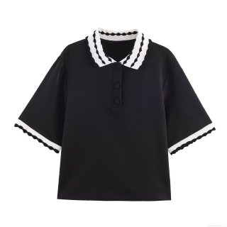 Women's Fashion Contrast Color Wave Trim Polo Shirt Short Sleeve Polyester Button Front Casual Tee Top For Summer Daily Streetwear