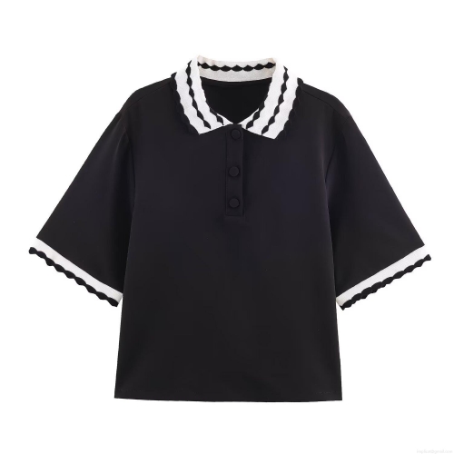Women's Fashion Contrast Color Wave Trim Polo Shirt Short Sleeve Polyester Button Front Casual Tee Top For Summer Daily Streetwear