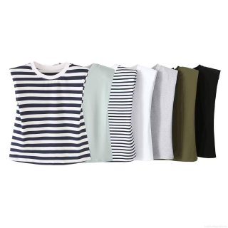 Women's Sleeveless Shoulder Pad T-Shirt 100% Cotton Round Neck Muscle Tee Summer Casual Solid Striped Street Style Tank Top For Women