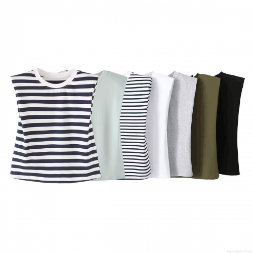 Women's Sleeveless Shoulder Pad T-Shirt 100% Cotton Round Neck Muscle Tee Summer Casual Solid Striped Street Style Tank Top For Women