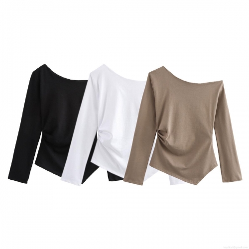 Women's Asymmetric Neckline Ruched Side Long Sleeve T-Shirt Solid Color Casual Streetwear Polyester Top Fall Autumn Fashion Versatile Slim Fit Tee Clothing
