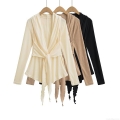 Women's Fashion Lace Up Long Sleeve Wrap Top V Neck Solid Color Polyester T-Shirt Slim Fit Cardigan Blouse For Autumn Winter Casual Streetwear