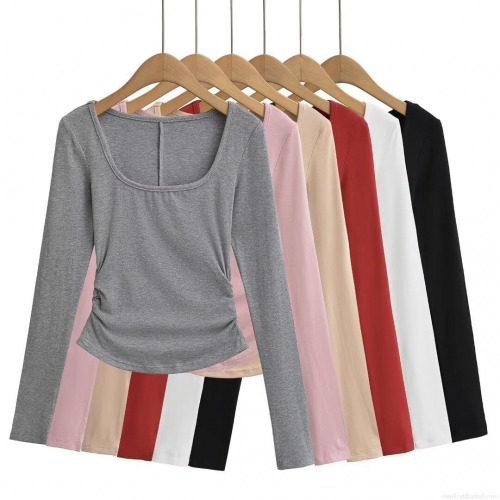 Women Fashion Square Neck Ruched Long Sleeve T-Shirt Slim Fit Solid Color Stitched Inner Top For Daily Streetwear Autumn Winter Pullover
