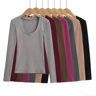 Women's Winter Warm German Velvet Long Sleeve Base Top Slim Fit Round Neck Knit T-Shirt For Daily Casual Streetwear