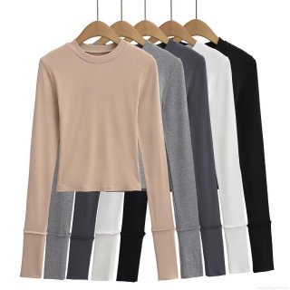 Women's Fashion Slim Fit Long Sleeve T-Shirt Winter Ribbed Knit Round Neck Pullover Base Layer Short Top Casual Daily Tee for Women