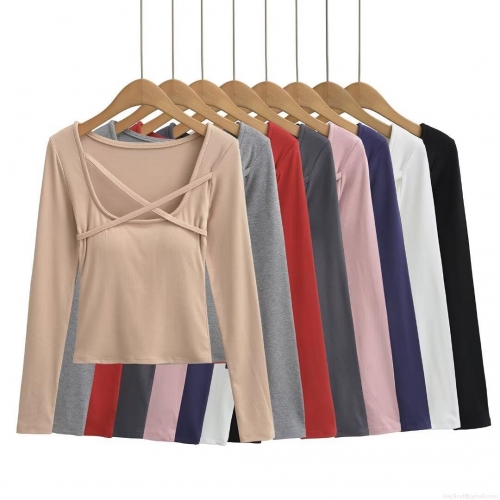 Women's Fashion Square Neck Cross Strap Padded Slim Fit T-Shirt Long Sleeve Polyester Solid Color Crop Top Streetwear Sexy Autumn Winter Clothing