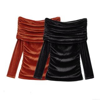 Women Off-Shoulder Long Sleeve Velvet Top Elegant Pleated Slim Fit Gathering Shirt Autumn Winter Streetwear Party Blouse For Women