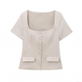 Women's Square Neck Short Sleeve Button Down Top Elegant Slim Fit Solid Color Polyester T-Shirt Casual Blouse Fashion Streetwear For Women
