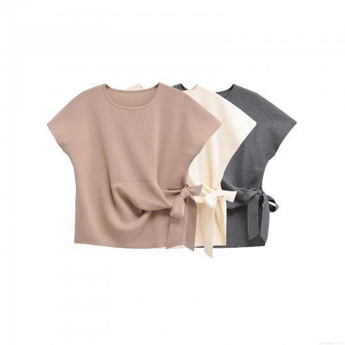 Women Fashion Short Sleeve Knit T-Shirt Soft Mercerized Cotton Polyester Round Neck Top Side Knot Bow Tie Detail Daily Casual Tee