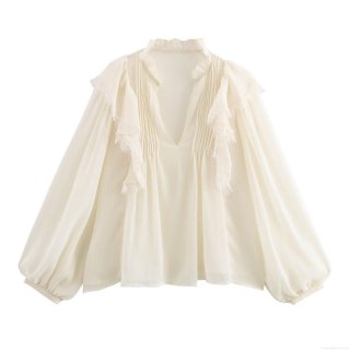 Women's Elegant V-Neck Ruffle Chiffon Blouse Long Sleeve Pleated Lace Patchwork Shirt Top For Daily Party Streetwear