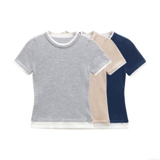 Women's Fashion Knitted Fake Two-Piece Short Sleeve T-Shirt Slim Fit Contrast Trim Round Neck Casual Summer Top