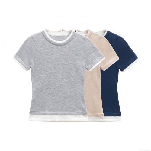 Women's Fashion Knitted Fake Two-Piece Short Sleeve T-Shirt Slim Fit Contrast Trim Round Neck Casual Summer Top