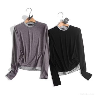 Women's Casual Faux Two-Piece Long Sleeve T-Shirt Cotton Blend Round Neck Color Block Streetwear Base Layer Top