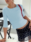 Women's Ribbed Knit Slim Fit Crop Top 3/4 Sleeve Round Neck Cotton Spandex T-Shirt Solid Color Casual Summer Top For Ladies