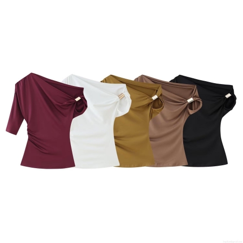 Women's One Shoulder Asymmetric T-Shirt Polyester Short Sleeve Top with Metal Decoration Pleated Slim Fit Casual Streetwear Tee For Summer Ladies