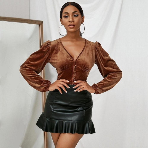 Women's Sexy V-Neck Velvet T-Shirt Slim Fit Puff Sleeve Cropped Cardigan Top Solid Color Long Sleeve Button Up Tee for Party Clubwear Autumn