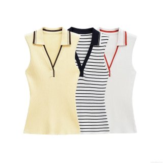 Women's Sleeveless Knit Polo Shirt Contrast Striped V-Neck Ribbed Mercerized Cotton Tank Top Casual Streetwear Summer Slim Fit Pullover Tee