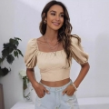 Women's Sexy Backless Square Neck Lantern Sleeve Crop Top 100% Cotton Solid Khaki Puff Short Sleeve Summer Casual Tie Back T-Shirt