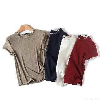 Women's Slim Fit Cotton Blend Round Neck T-Shirt With Contrast Edging Basic Short Sleeve Summer Casual Street Style Tee