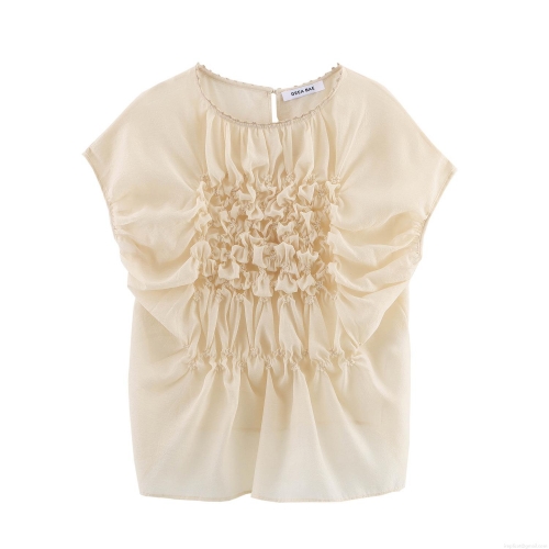 Women's Summer Round Neck Short Sleeve T-Shirt With Smocking Flower Embroidery Pleated Back Tie Sheer Polyester Top For Women