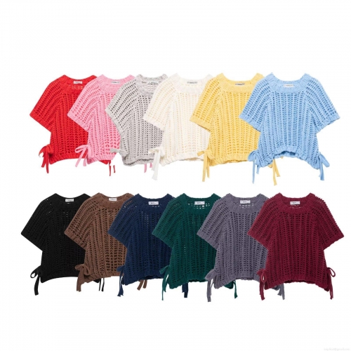Women's Knit Crochet Hollow Out T-Shirt Round Neck Short Sleeve Top With Side Bow Tie Solid Color Casual Summer Streetwear Tee For Women