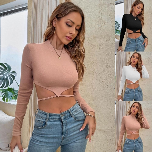 Women's Sexy Mock Neck Long Sleeve Crop Top Hollow Cross Wrap Ribbed Knit T-Shirt Slim Fit Streetwear Clubwear Solid Color Y2K Style Tee