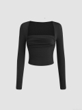 Women's Slim Fit Square Neck Long Sleeve Ribbed Knit T-Shirt With Ruched Front 95% Polyester 5% Elastane Basic Casual Solid Color Cropped Top Tee