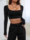 Women's Sexy Square Neck Cropped Long Sleeve T-Shirt Solid Color High Stretch Viscose Elastane Slim Fit Crop Top Casual Autumn Winter Streetwear for Women