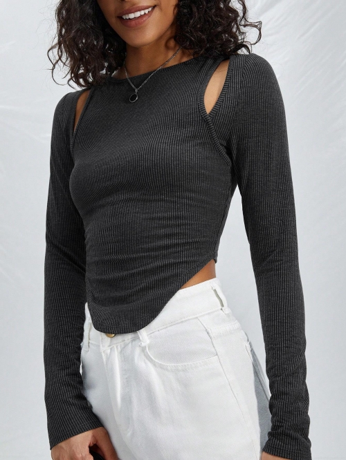 Women's Sexy Knit T-Shirt Long Sleeve Irregular Hem Cold Shoulder Cut Out Round Neck Slim Fit Ribbed Top 65% Viscose Solid Color Casual Fashion Streetwear For Ladies
