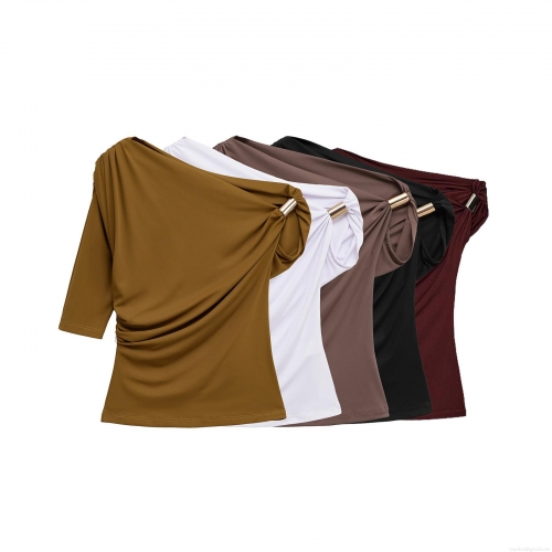Women One Shoulder T-Shirt With Metal Ring Decoration Sexy Slim Fit Draped Slant Neck Top Streetwear Summer Casual Short Sleeve Blouse For Women