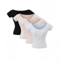 Women V Neck Short Sleeve Ribbed Knit T-Shirt Slim Fit Solid Color Polyester Viscose Blend Casual Summer Top Streetwear Clothing