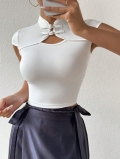 Women's New Chinese Style T-Shirt Frog Button Retro Mock Neck Hollow Out Slim Fit Short Sleeve Crop Top Basic Solid Color Polyester Spandex Tee for Summer Casual Party Lady