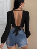 Women's Sexy V Neck Backless Crop Top Long Sleeve Polyester Spandex Lace Up Bow T-Shirt For Daily Party Chic Slim Fit Solid Black Top