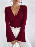 Women's Elegant V Neck Ribbed Knit Top Slim Fit Bell Sleeve Long Sleeve Polyester Spandex Sexy Cross Wrap T-Shirt For Daily Commute Casual Wear