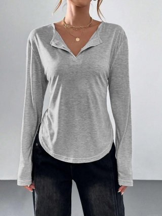 Women's V Neck Long Sleeve T-Shirt Solid Color Loose Knit Henley Top Cotton Blend Commuter Casual Tee With Curved Hem For Lady