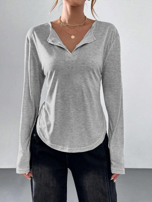 Women's V Neck Long Sleeve T-Shirt Solid Color Loose Knit Henley Top Cotton Blend Commuter Casual Tee With Curved Hem For Lady
