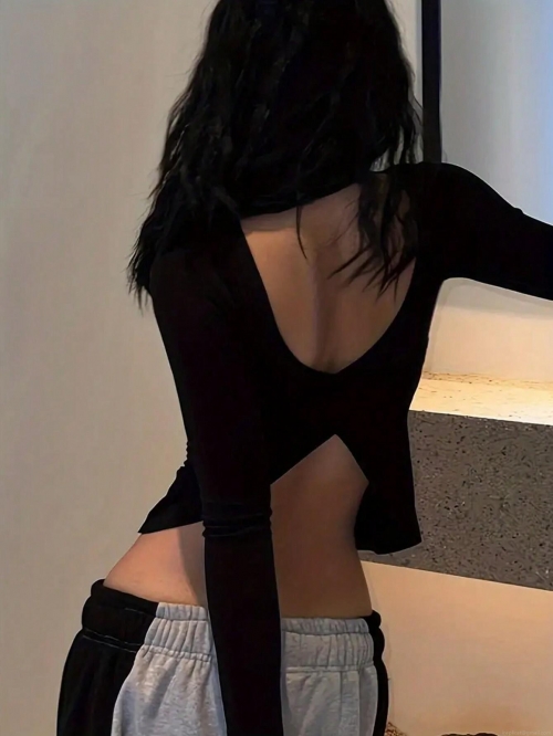 Women's Sexy Backless Long Sleeve T-Shirt Solid Color Polyester Elastane Blend Slim Fit Cropped Top Casual Clubwear Fashion Outfit