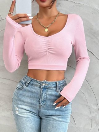 Women's Pink Ribbed Long Sleeve Crop Top Sexy U-Neck Front Shirring Slim Fit T-Shirt Polyester Spandex Blend Autumn Winter Streetwear For Women Women's Pink Ribbed Long Sleeve Crop Top Sexy U-Neck Front Shirring Slim Fit T-Shirt Polyester Spandex Blend Autumn Winter Streetwear For Women