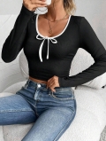 Women's Sexy Slim Fit Ribbed Knit Crop Top Contrast Trim U-Neck Long Sleeve T-Shirt With Bow Detail French Style Versatile Casual Minimalist Autumn Top