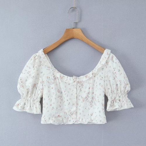 Women's French Floral Print Crop Top Sexy U Neck Puff Sleeve Button Front Ruffle Smocked T-Shirt Polyester Blend Summer Vacation Streetwear Tee Top for Ladies