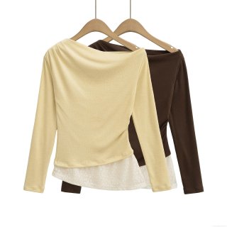 Women's Asymmetric Slant Shoulder Long Sleeve T-Shirt Knit Cotton Blend Lace Patchwork Ribbed Top Faux Two-Piece Irregular Hem Casual Streetwear Blouse
